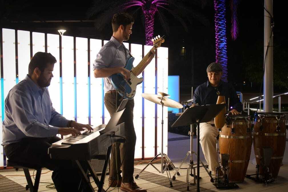 band playing on The Kravis Family Plaza